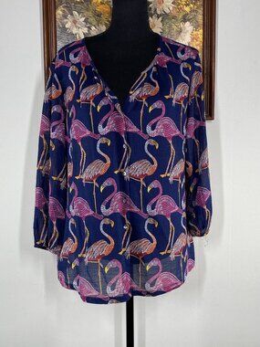 Tommy Bahama Let's Flamingle Button Up Blouse Women's Small Multicolor Sheer
